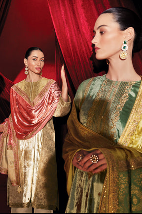 Beige Color Velvet & Brocade Silk Dual-Fabric Designed Unstitched Suit Material