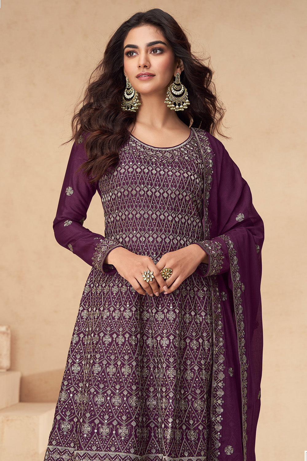 Wine Berry Color Crepe Embroidered Suit With Palazzo