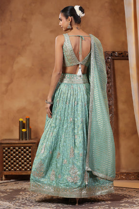 Turquoise Color Tissue Silk Embroidered Lehenga