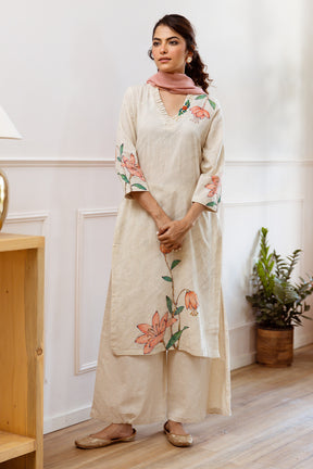 Cream Color Khadi Cotton Printed Suit