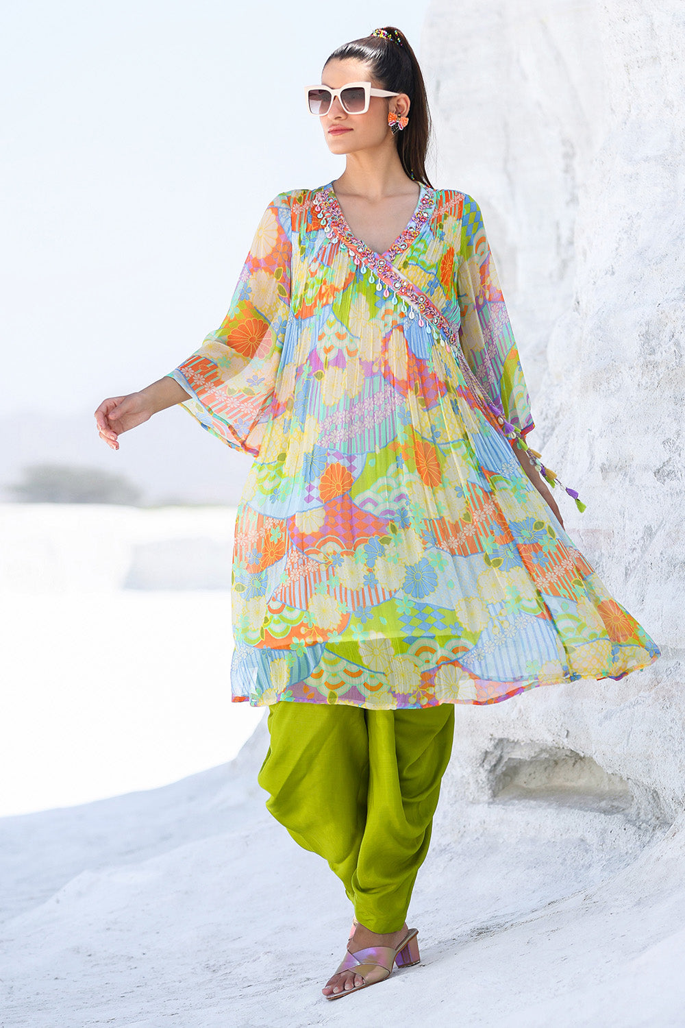 Green Color Printed Chiffon Kurta Set With Dhoti Style Bottom