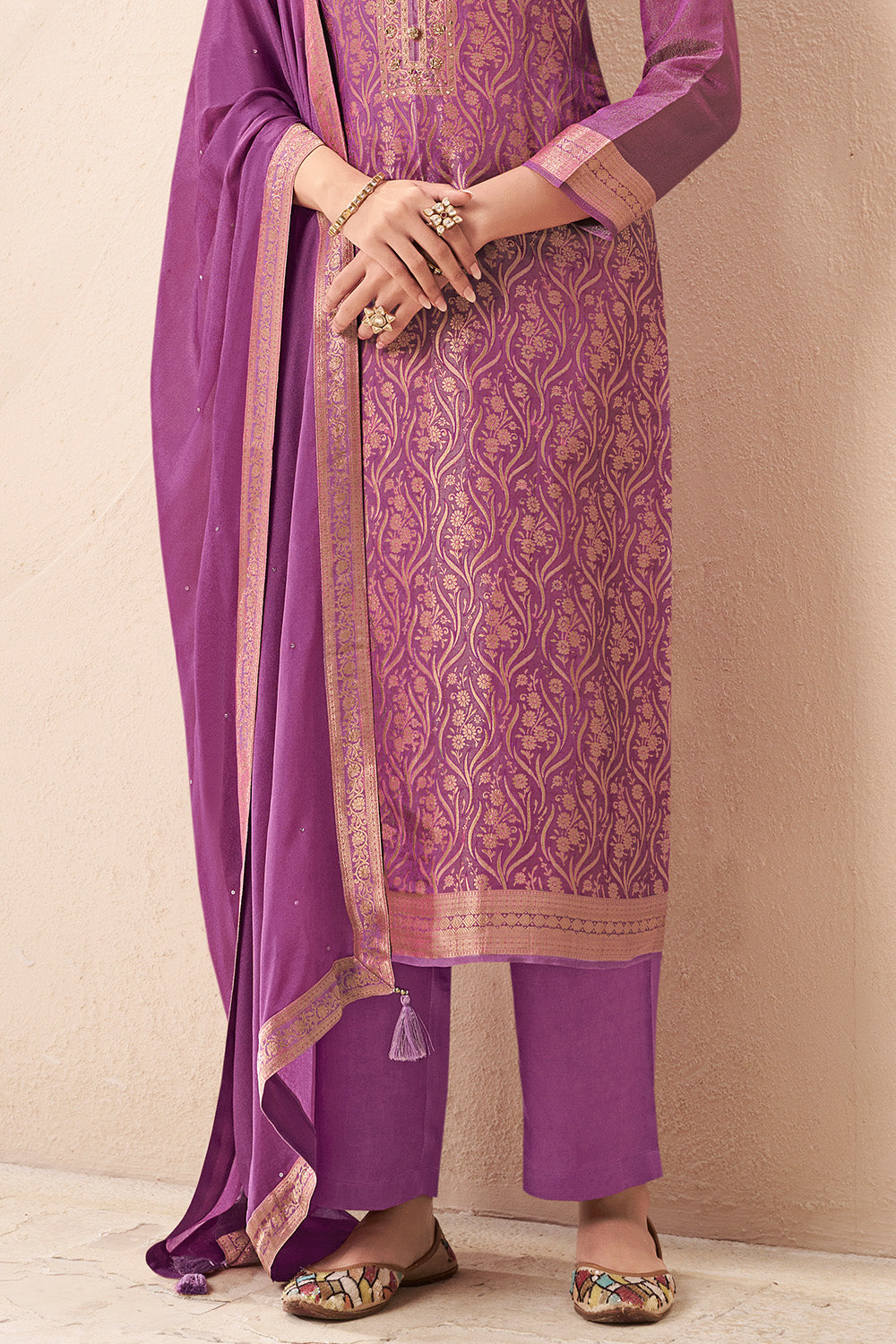 Light Plum Color Tissue Silk Zari Woven Unstitched Suit Fabric