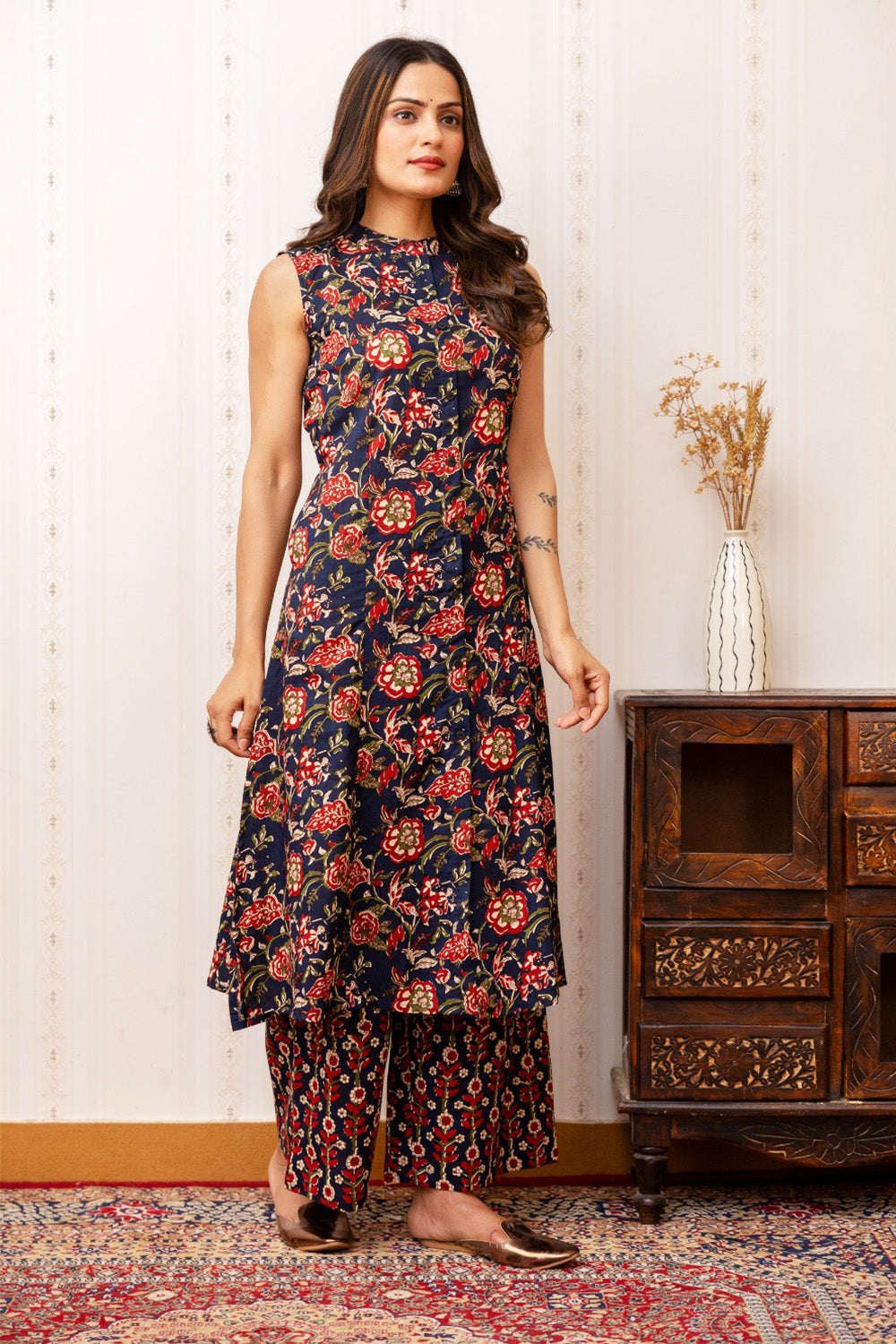 Navy Blue Color Floral Printed Cotton Kurta Set