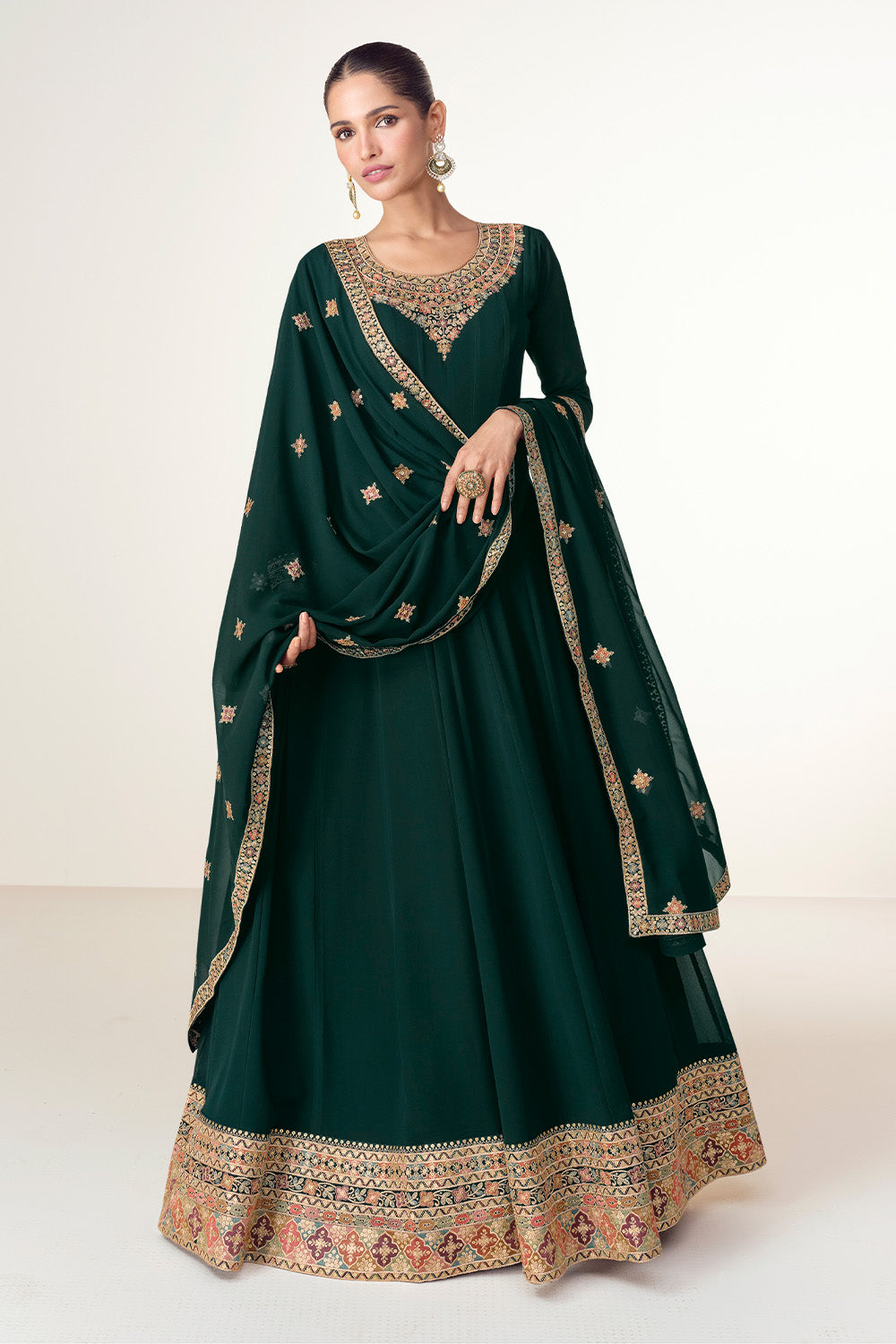 Green Color Georgette Embroidered Anarkali Kurti With Dupatta