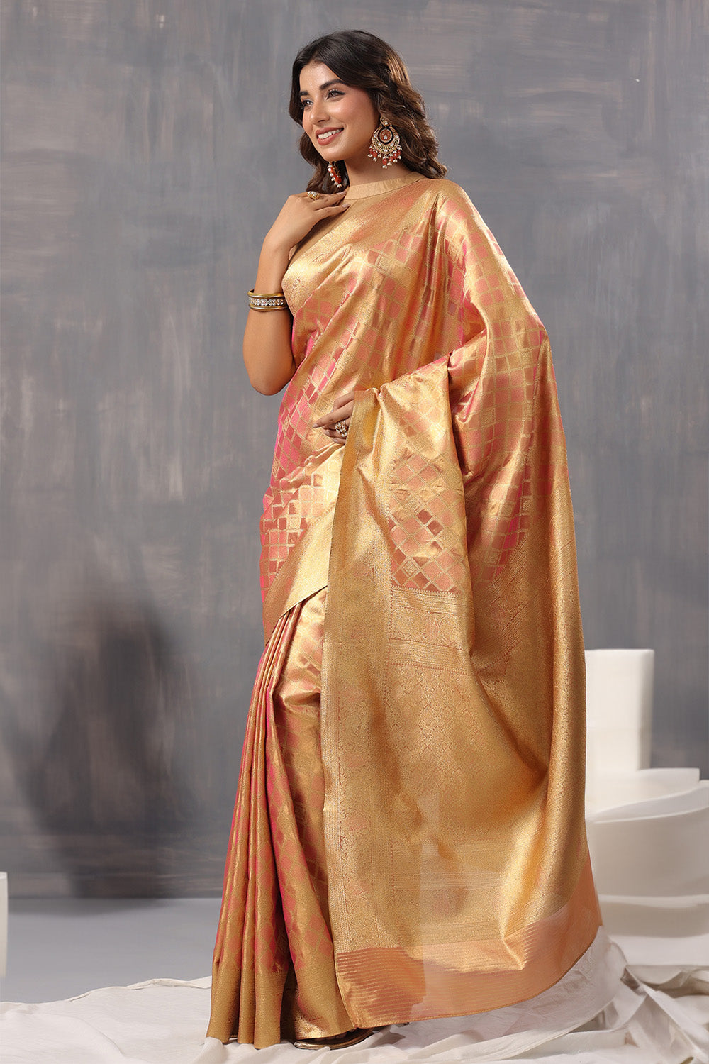 Golden & Coral Color Silk Woven Saree