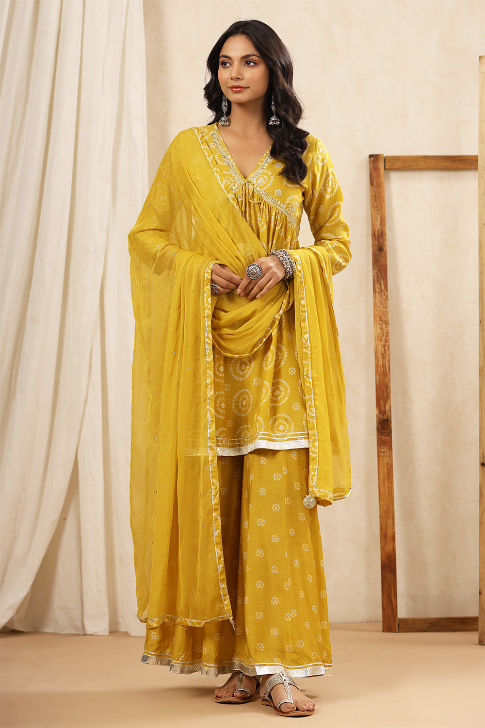 Mustard Color Crepe Silk Bhandhani Printed Alia-Cut Suit With Gharara