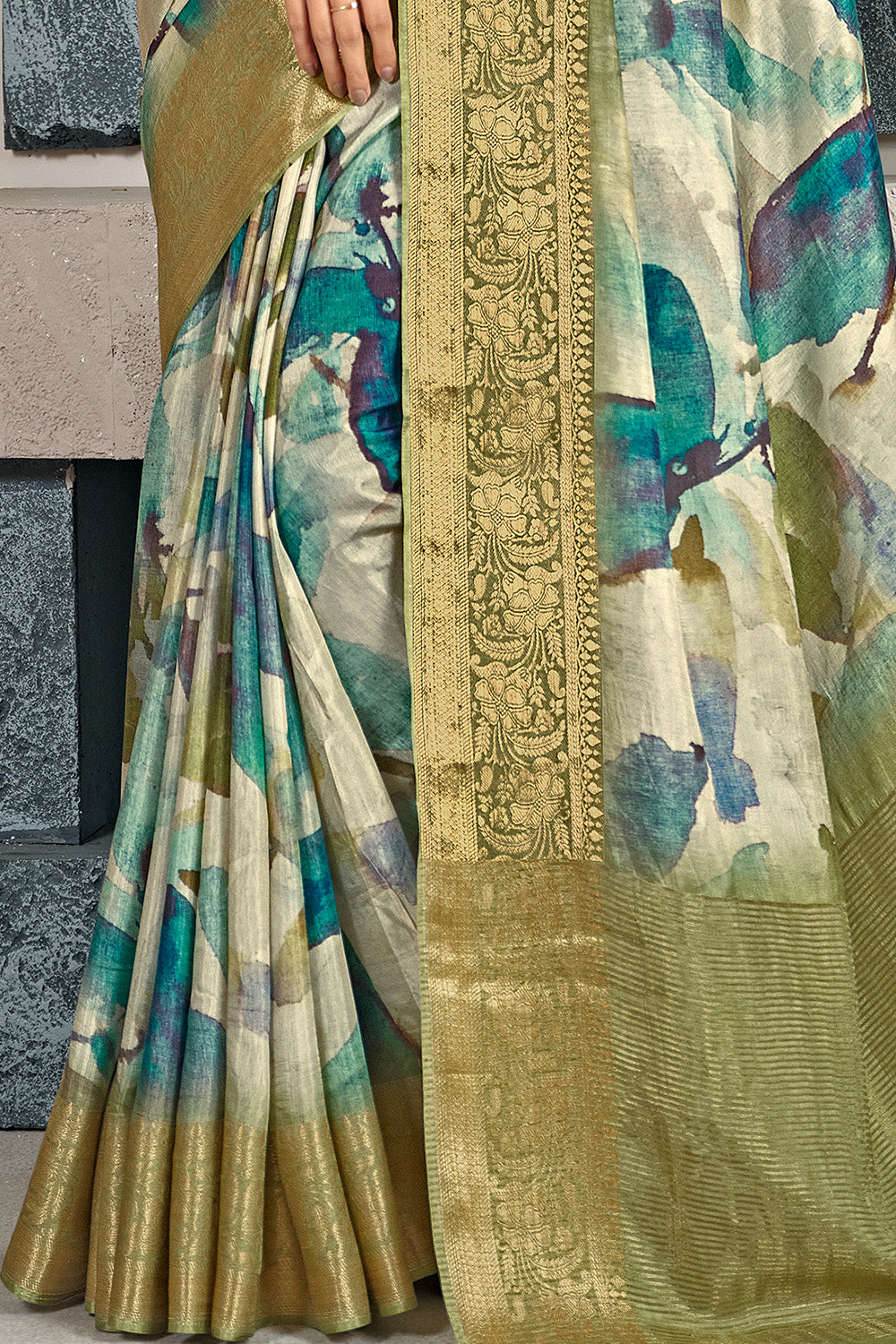 Sage Green  Color Printed & Woven Modal Silk Saree