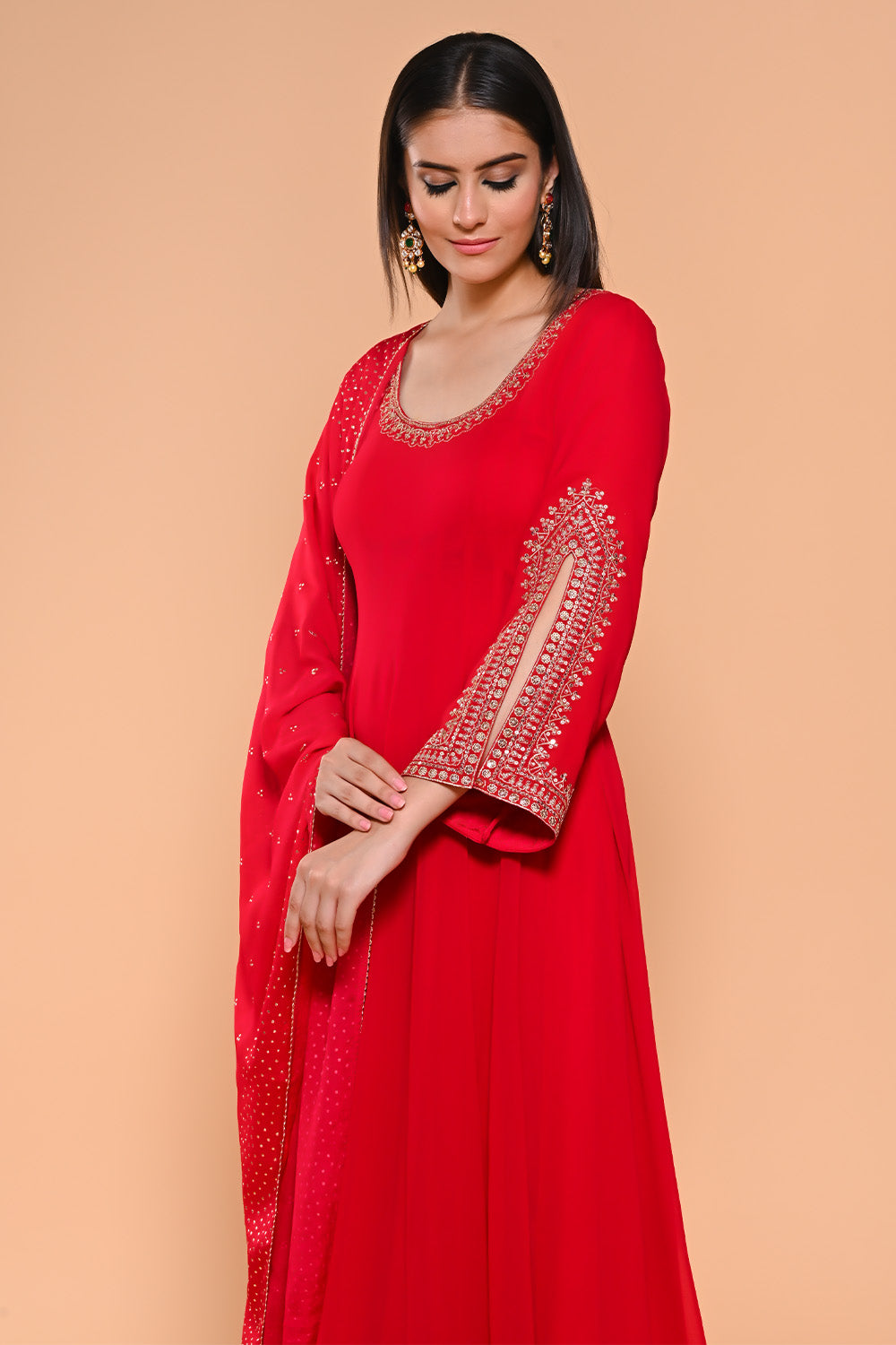 Red Color Georgette Designer Side Silts Sleeves Embroidered Anarkali Suit