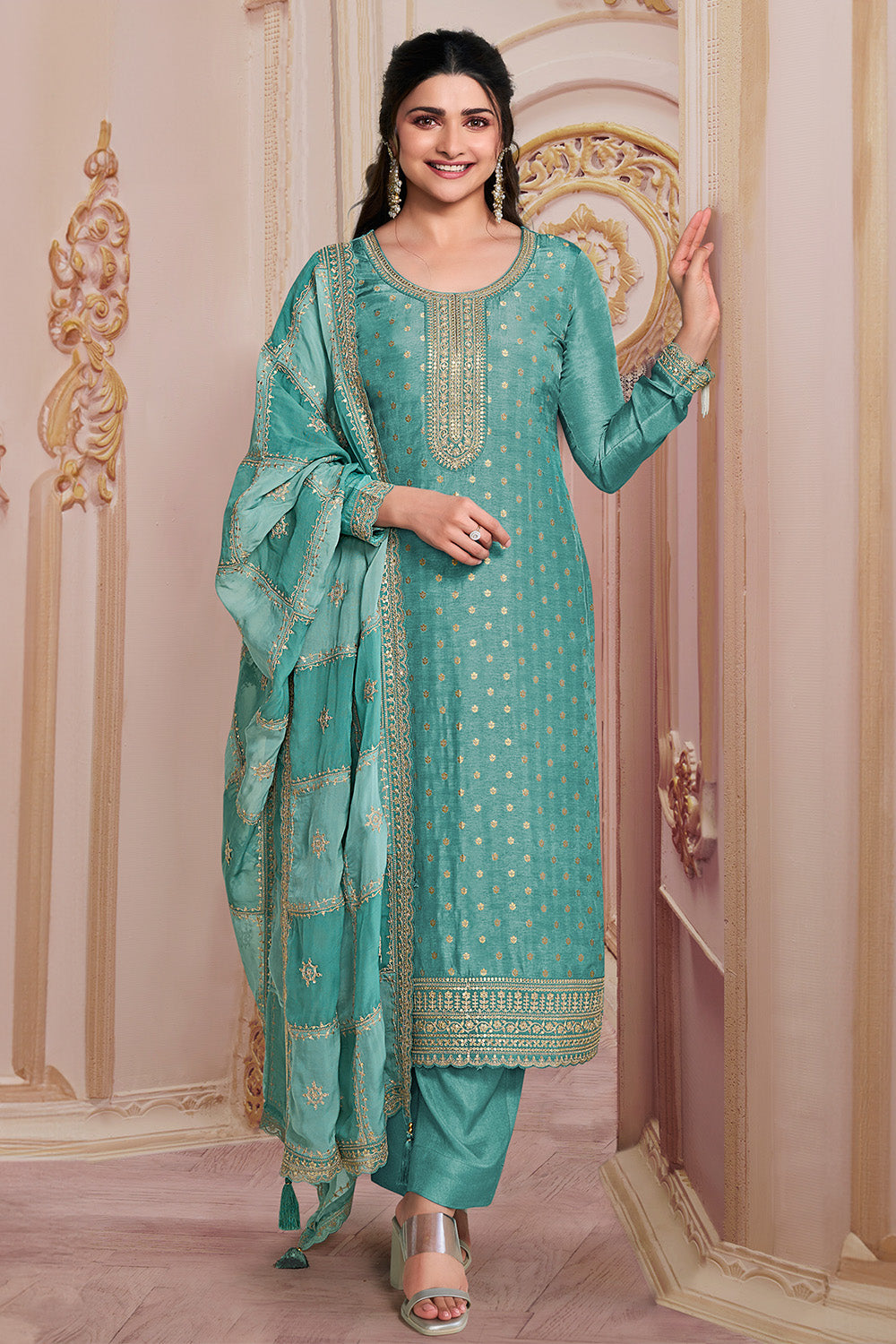 Turquoise Color Zari Embroidered Silk Unstitched Suit Fabric