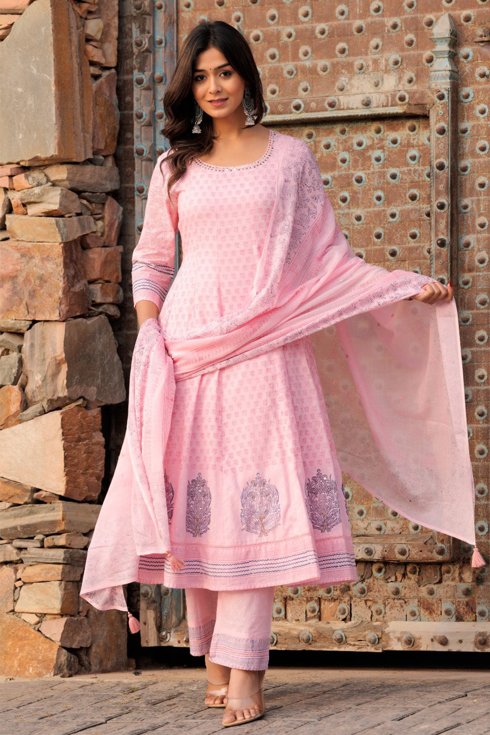 Rose Pink Color Cotton Printed Anarkali Suit