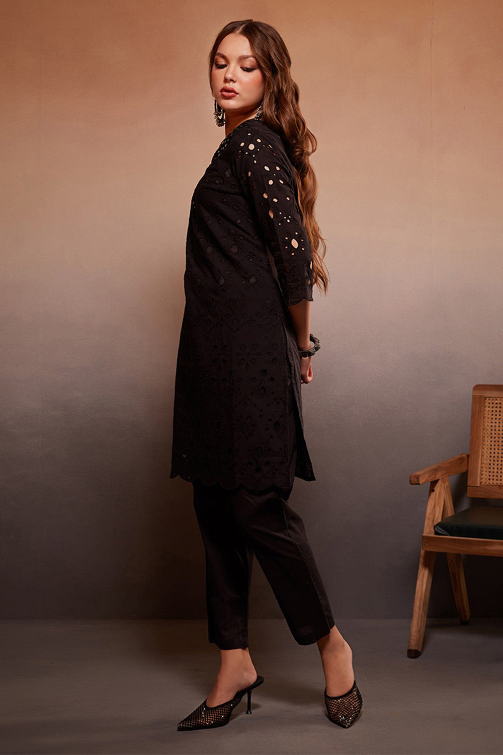 Black Color Cotton Embroidered Kurta Set