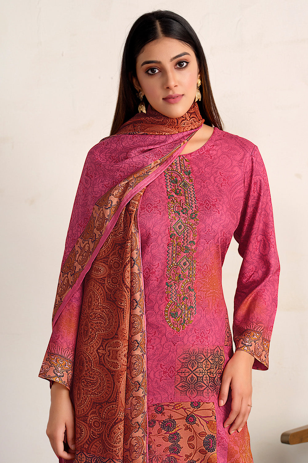 Deep Rose Color Spun Embroidered and Printed Unstitched Suit Material