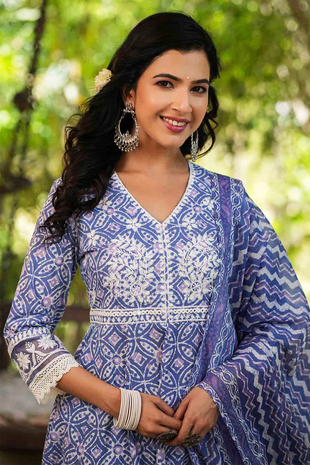 Blue Color Cotton Printed And Neck Embroidered Anarkali Suit