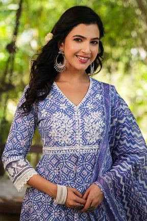 Blue Color Cotton Printed And Neck Embroidered Anarkali Suit