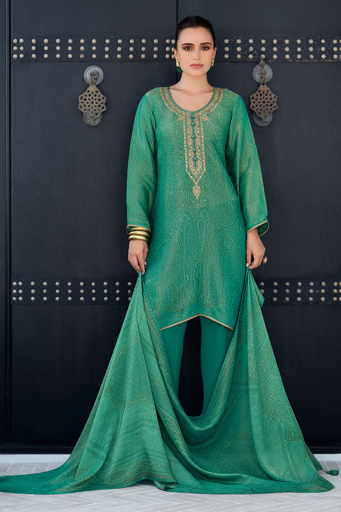 Sea Green Color Mantellic Tissue Neck Embroidered Unstitched Suit