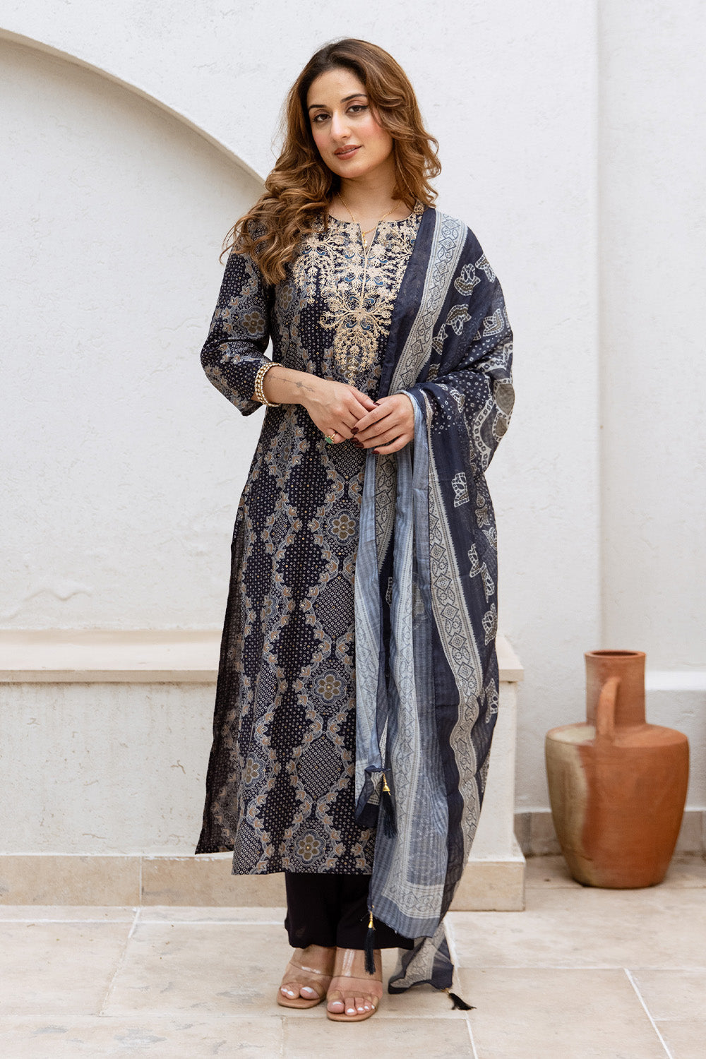 Navy Blue Color Printed & Neck Embroidered Muslin Suit