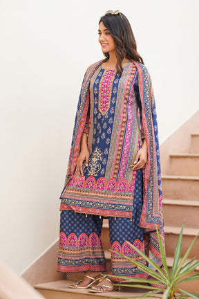 Navy Color Crepe Neck Embroidered & Printed Suit With Palazzo