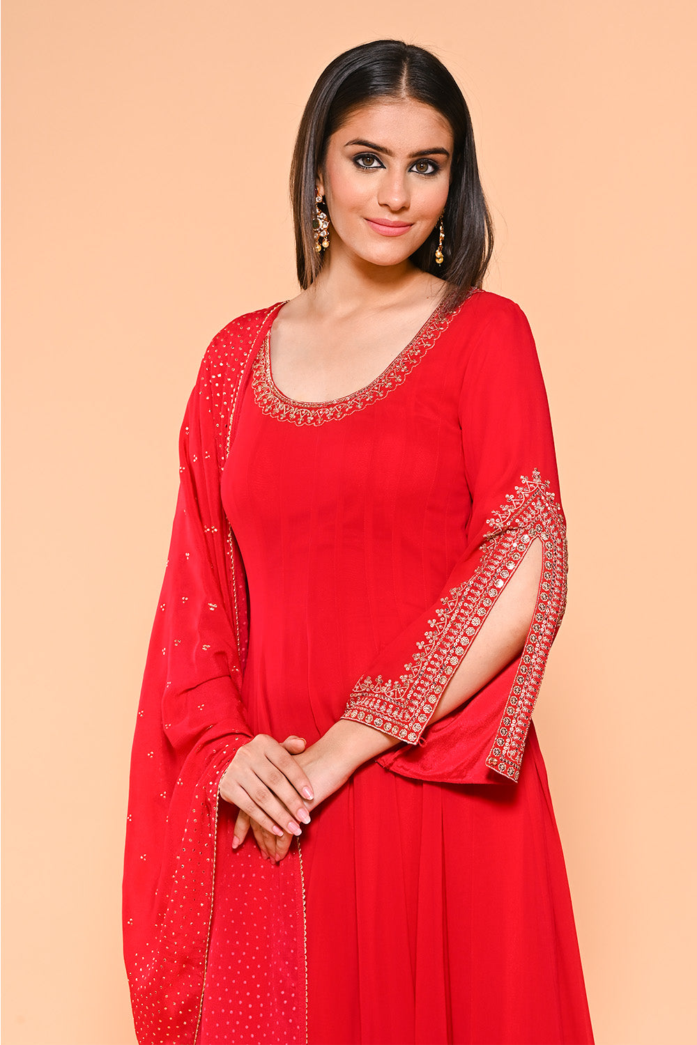 Red Color Georgette Designer Side Silts Sleeves Embroidered Anarkali Suit