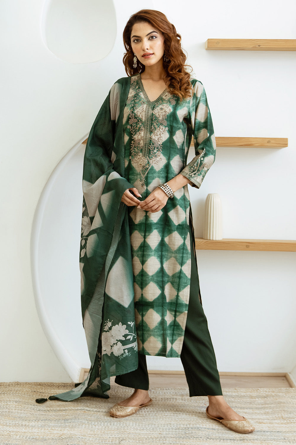 Green & Beige Color Muslin Checks Printed Suit