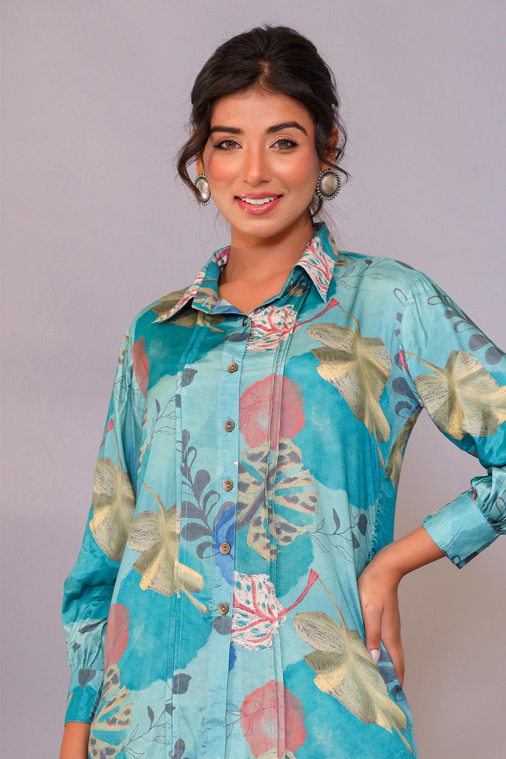 Turquoise Color Muslin Floral Printed Co-Ord Dress