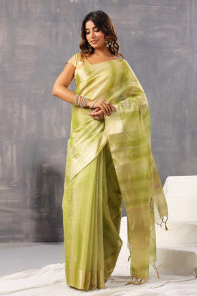 Green Color Organza Tissue Golden Zari Woven Saree