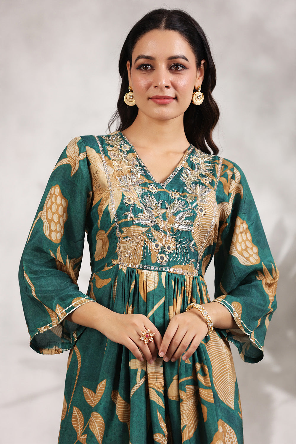 Teal Color Neck Embroidered & Printed Muslin Kurta Set