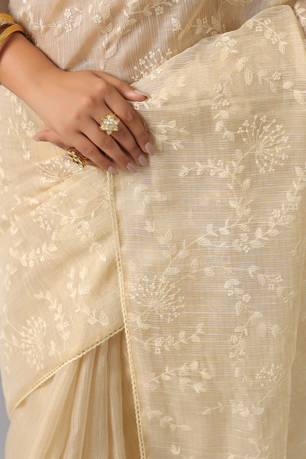 Beige Color Cotton Silk Thread Embroidered Saree