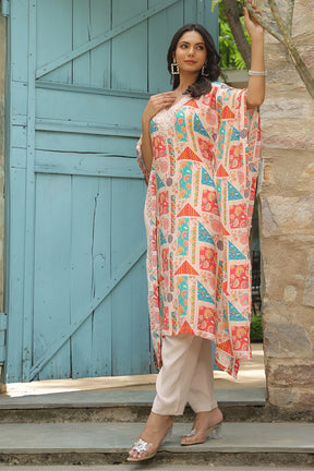 Beige Color Muslin Printed Kaftan Set