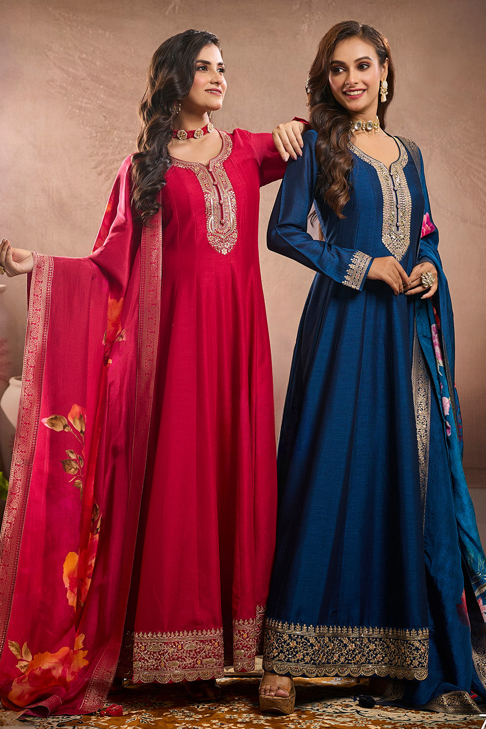 Blue Color Silk Embroidered Anarkali Kurti With Dupatta