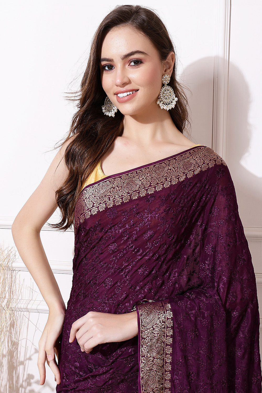 Dusty Purple Color Georgette Resham Embroidered Saree