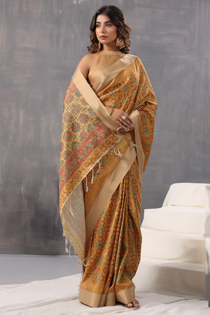 Mustard Colour Cotton Printed Saree With Stunning Woven Border