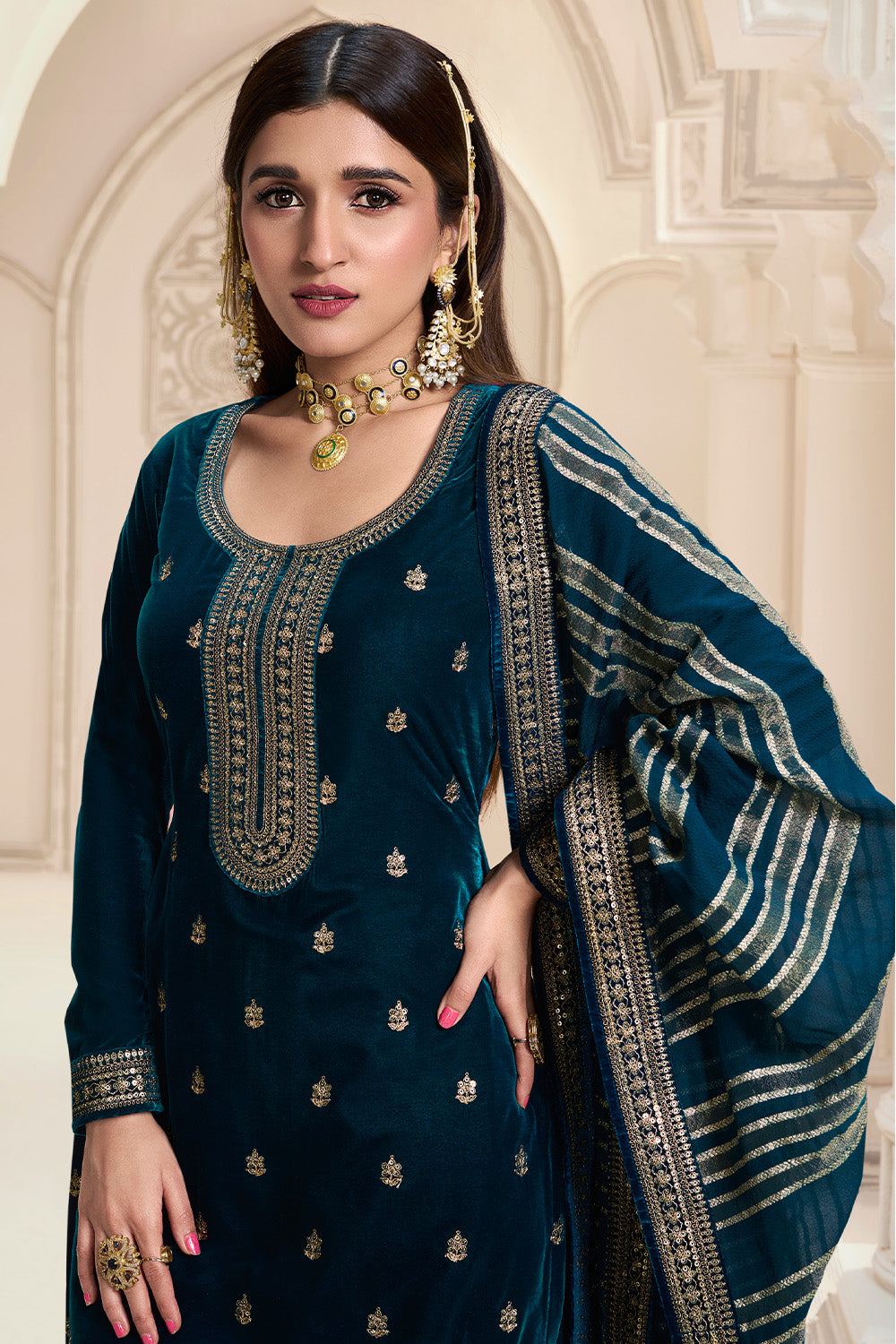 Teal Blue Color Embroidered Velvet Unstitched Suit Material