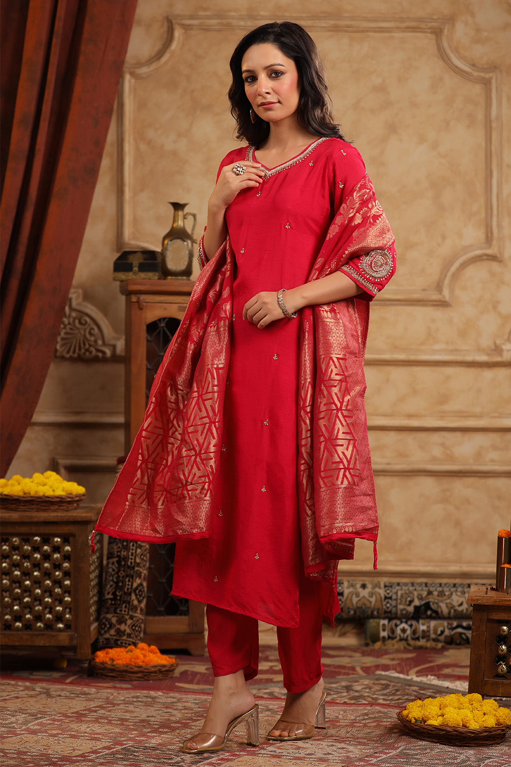 Red Color Silk Embroidered Straight Suit With Woven Dupatta