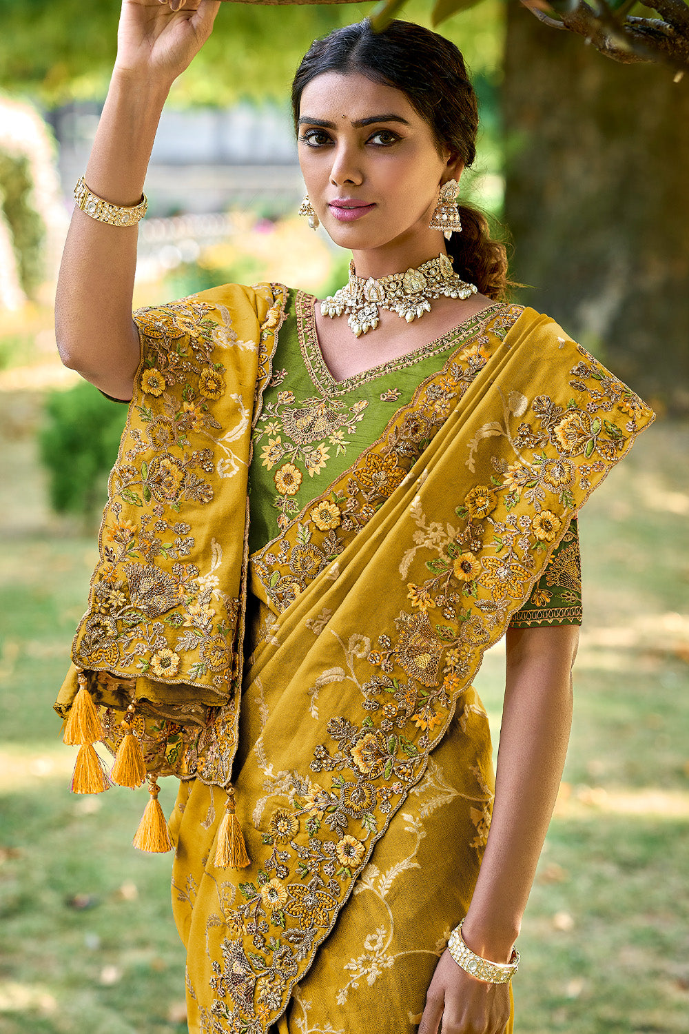 Mustard Color Organza Tissue Fabric Woven & Embroidered Saree