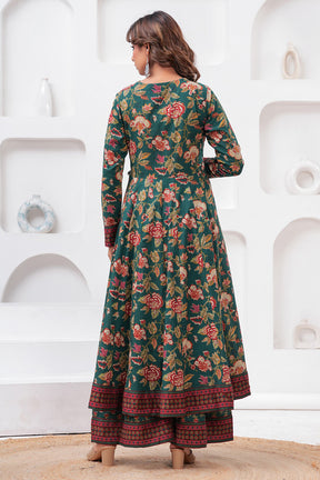 Green Color Floral Printed Cotton Anarkali Suit With Palazzo