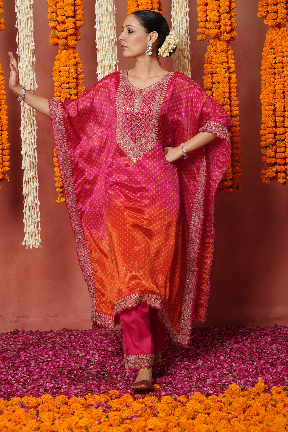 Fuchsia Pink Color Crepe Silk Bandhani Printed  Kaftan Set