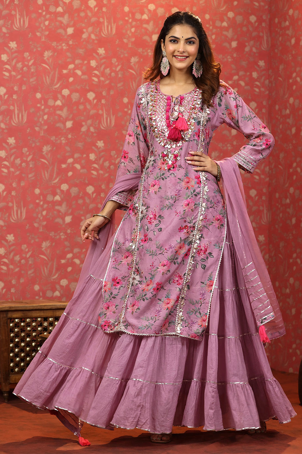 Mauve Color Muslin Embroidered & Floral Printed Kurta Set With Stitched Skirt