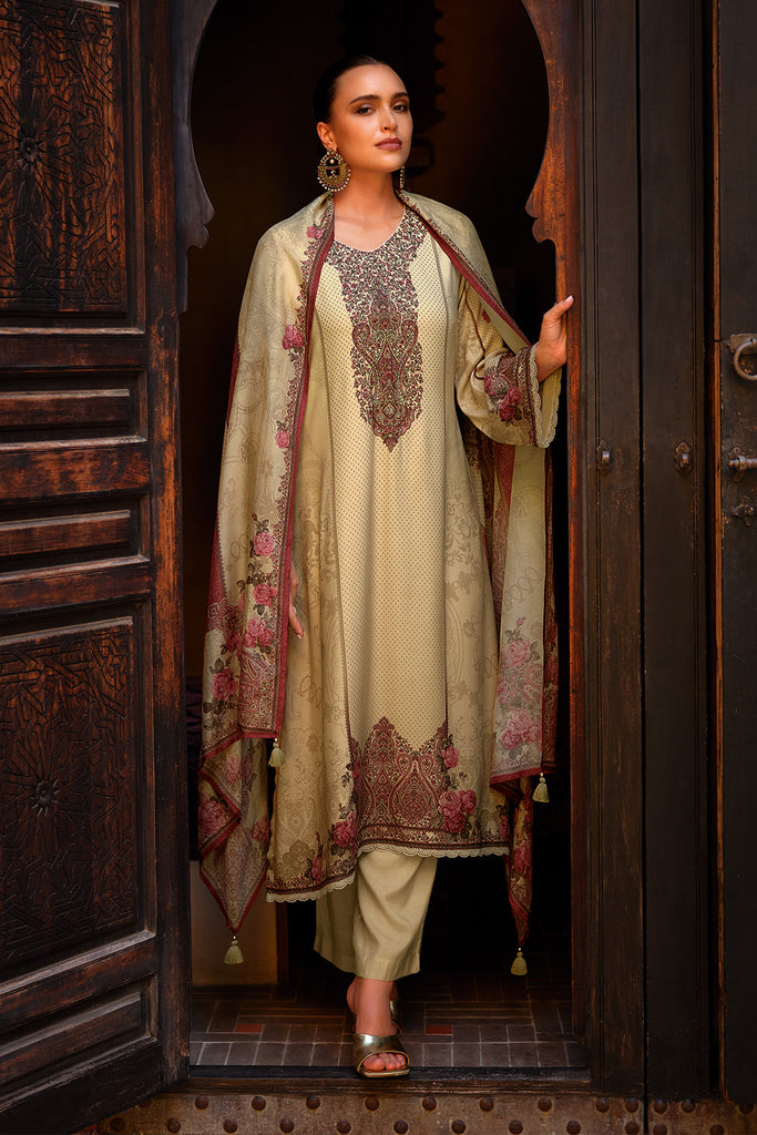 Cream Color Spun Printed & Embroidered Unstitched Suit