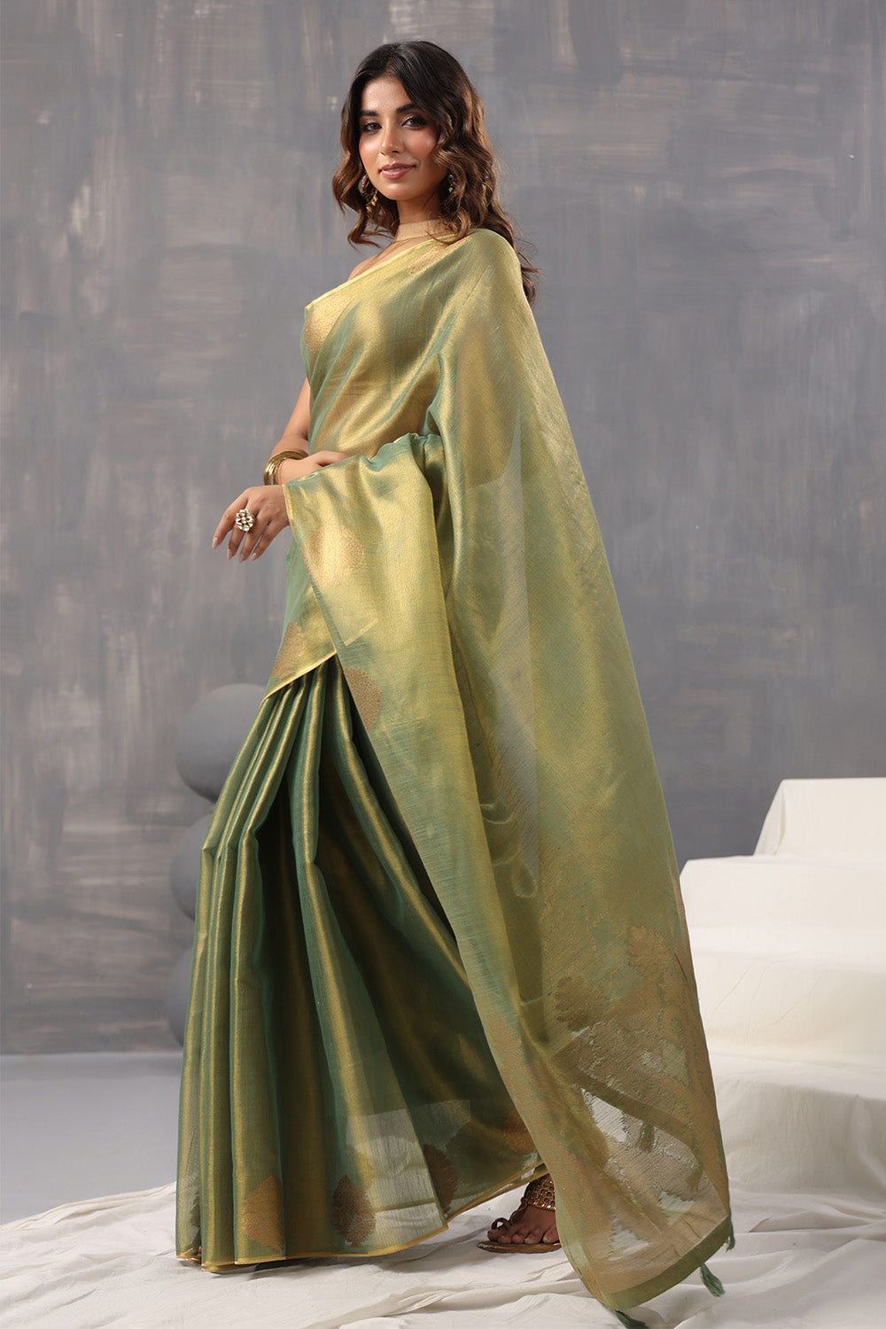 Green Color Organza Cotton Golden Zari Woven Saree