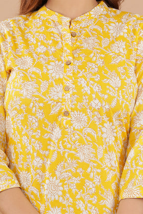 Yellow Colour Cotton Printed Long Kurti