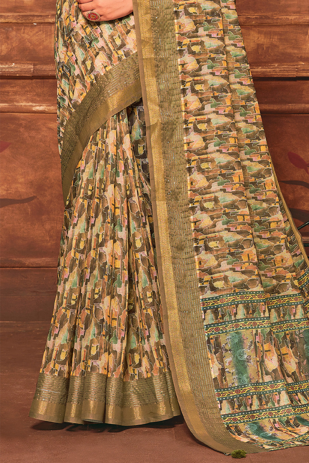 Olive Green Color Digital Printed Cotton Saree