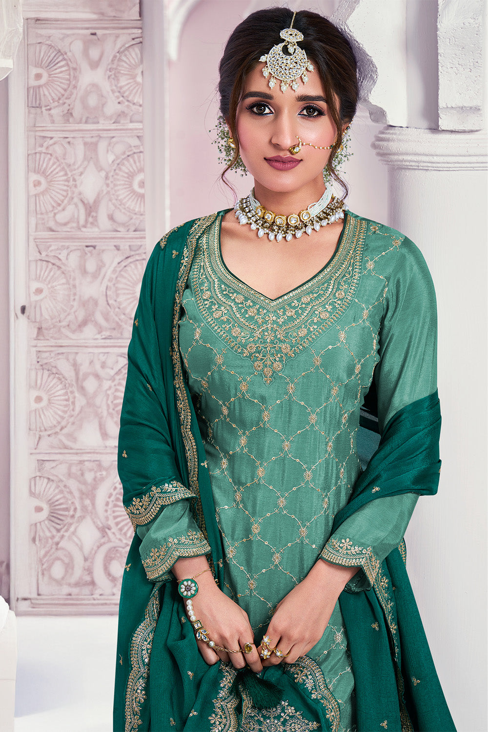 Sea Green Color Chinon Crepe Embroidered Unstitched Suit Fabric With Stitched Sharara