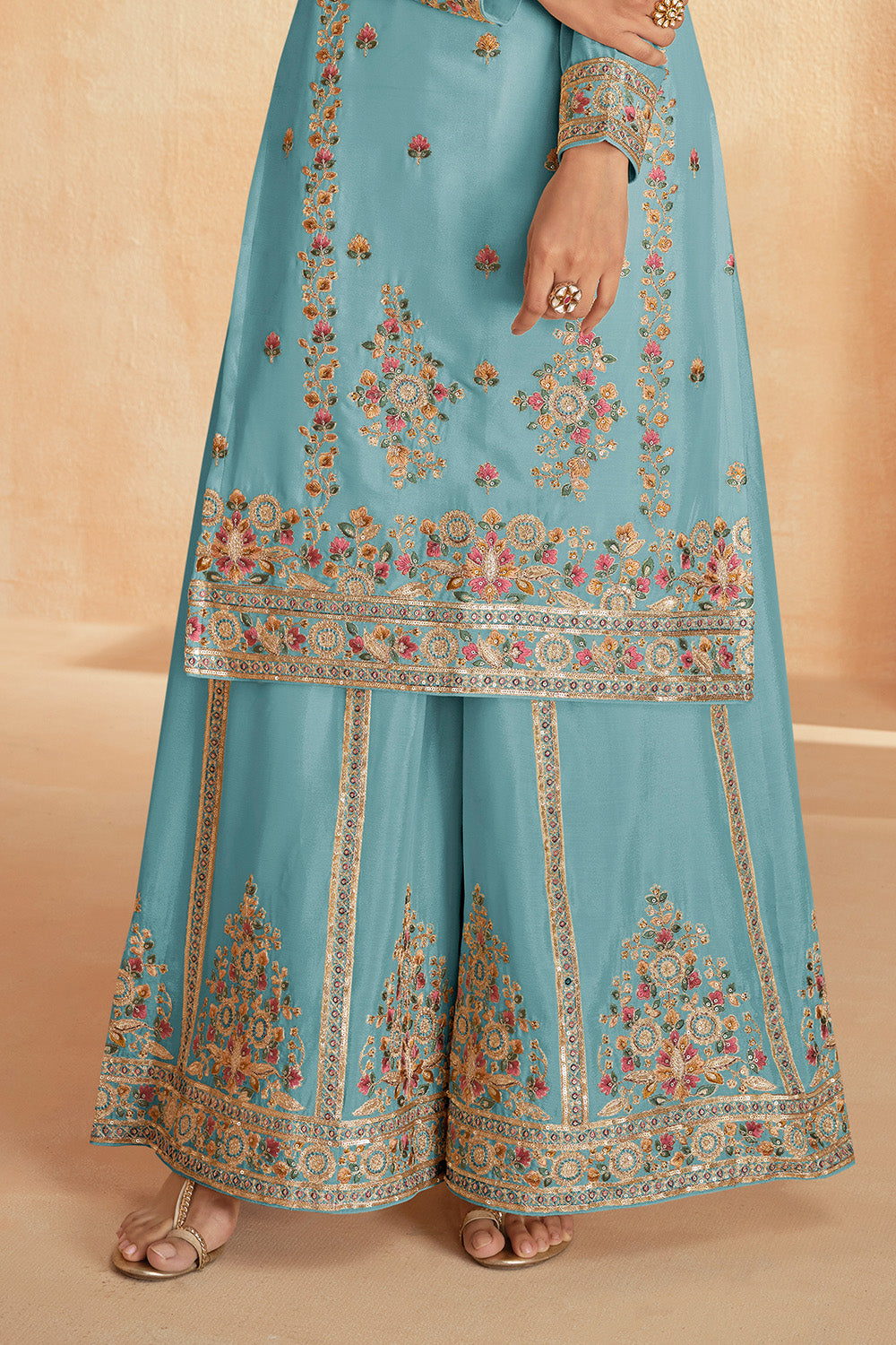 Turquoise Color Crepe Silk Resham Embroidered Suit With Palazzo