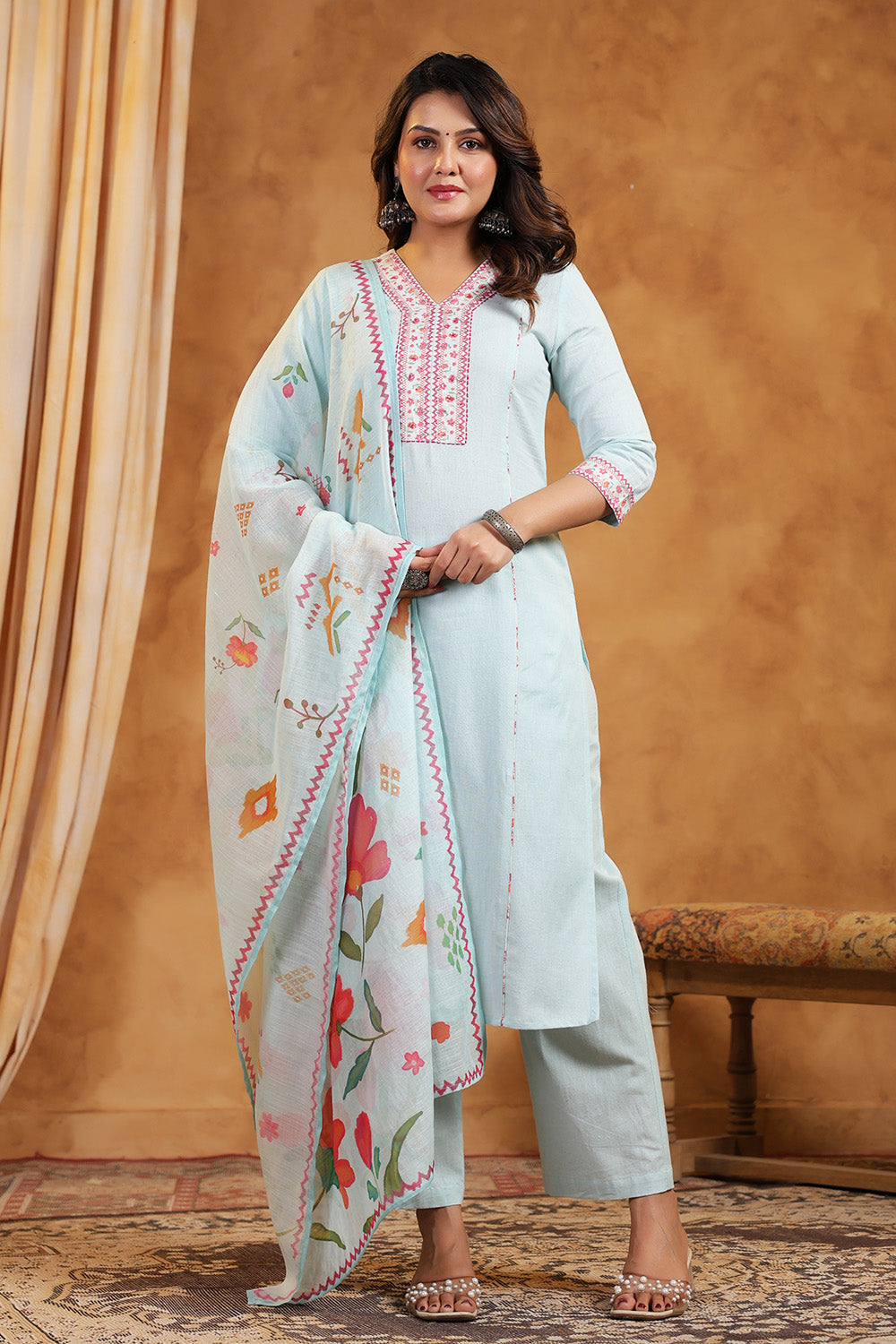 Light Blue Color Cotton Straight Suit