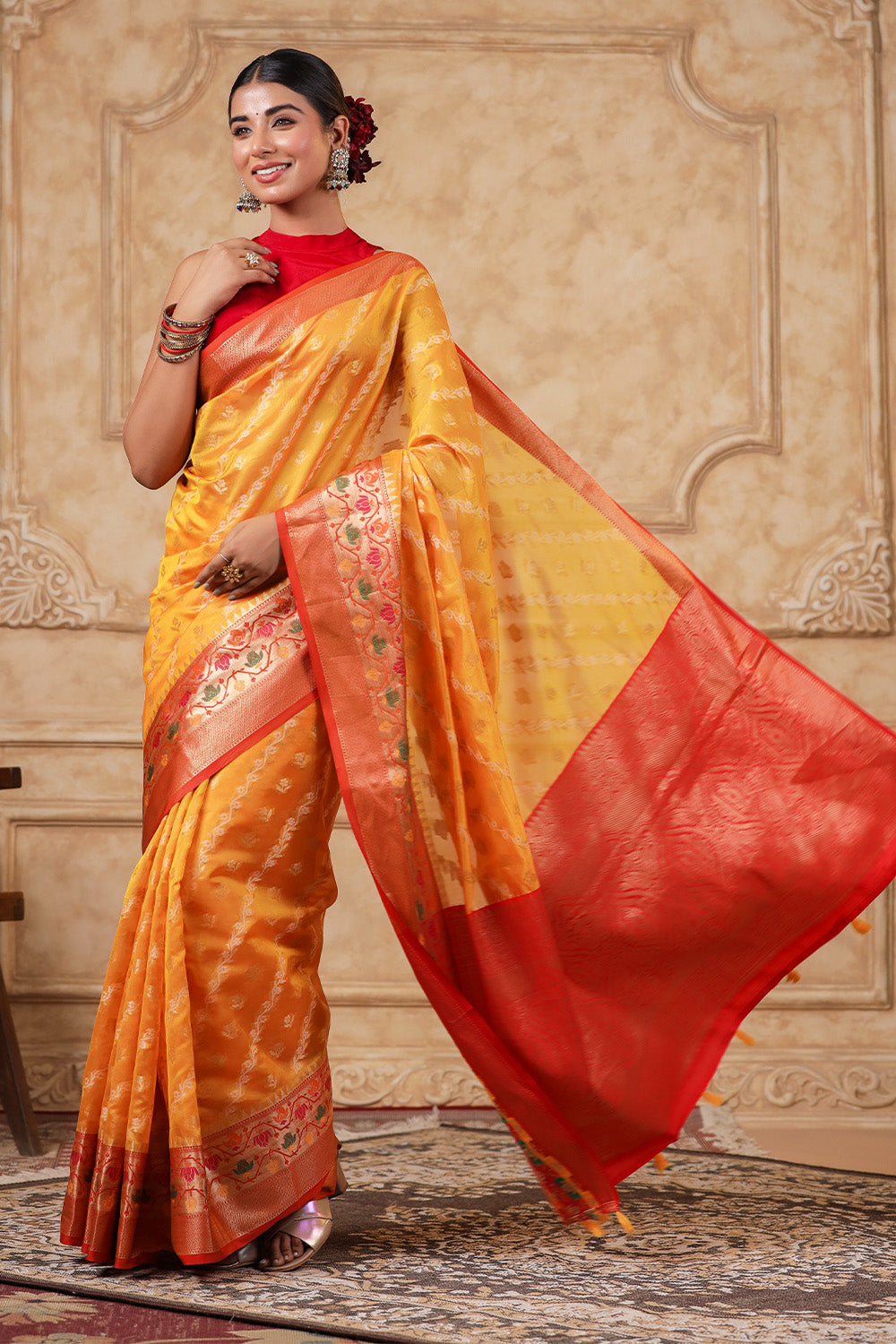 Mustard Color Organza Cotton Woven Saree