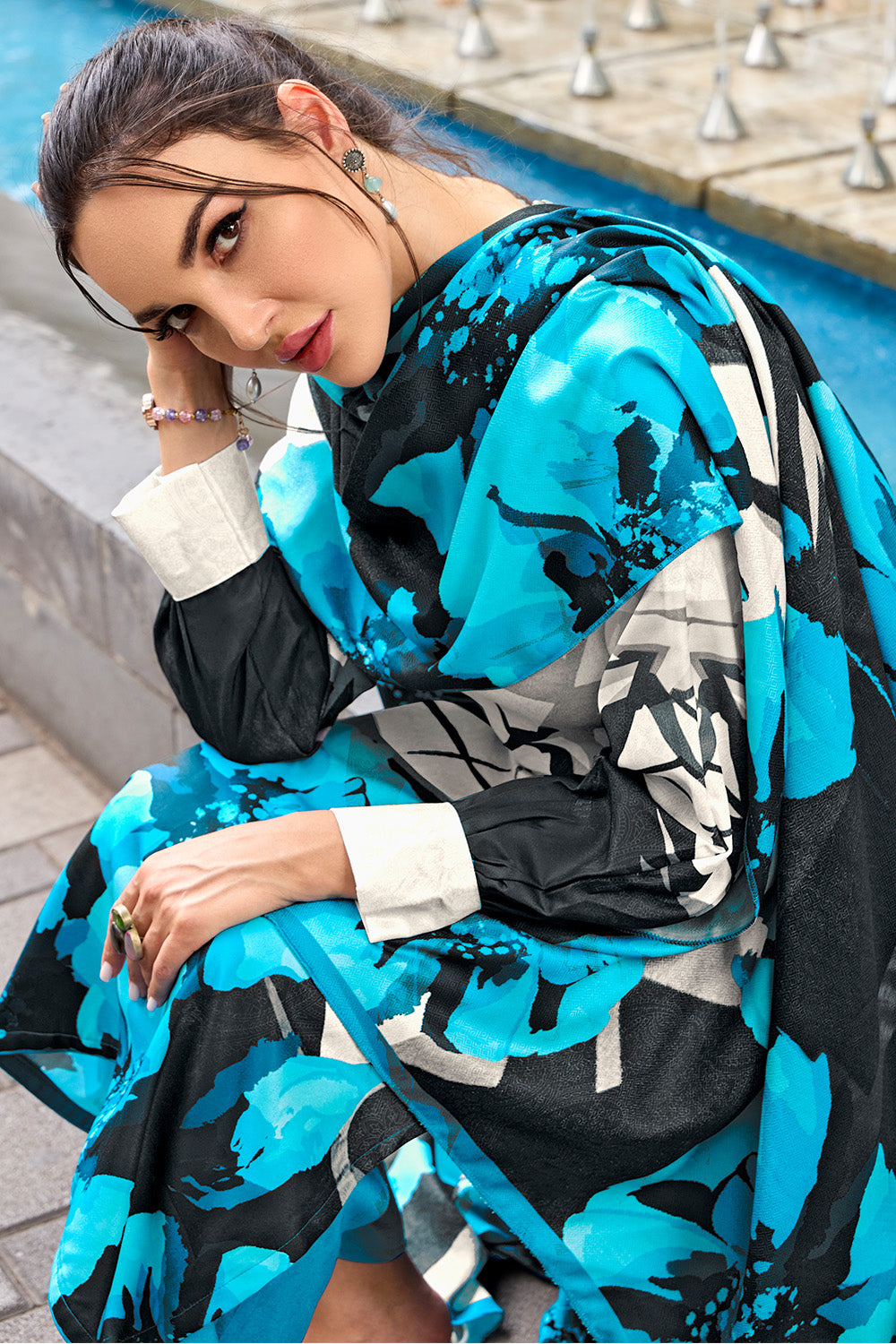 Blue Colour Spun Floral Printed Unstitched Suit