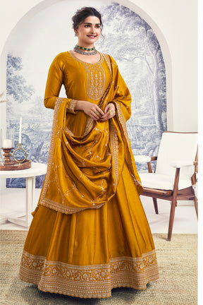 Mustard Color Silk Zari Embroidered Semi-Stitched Suit Material