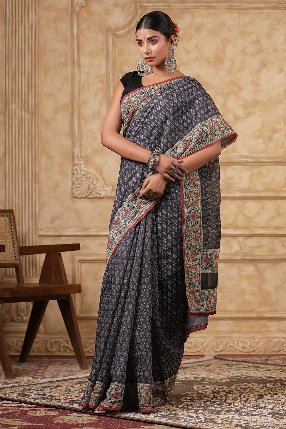 Grey Color Printed Cotton Saree