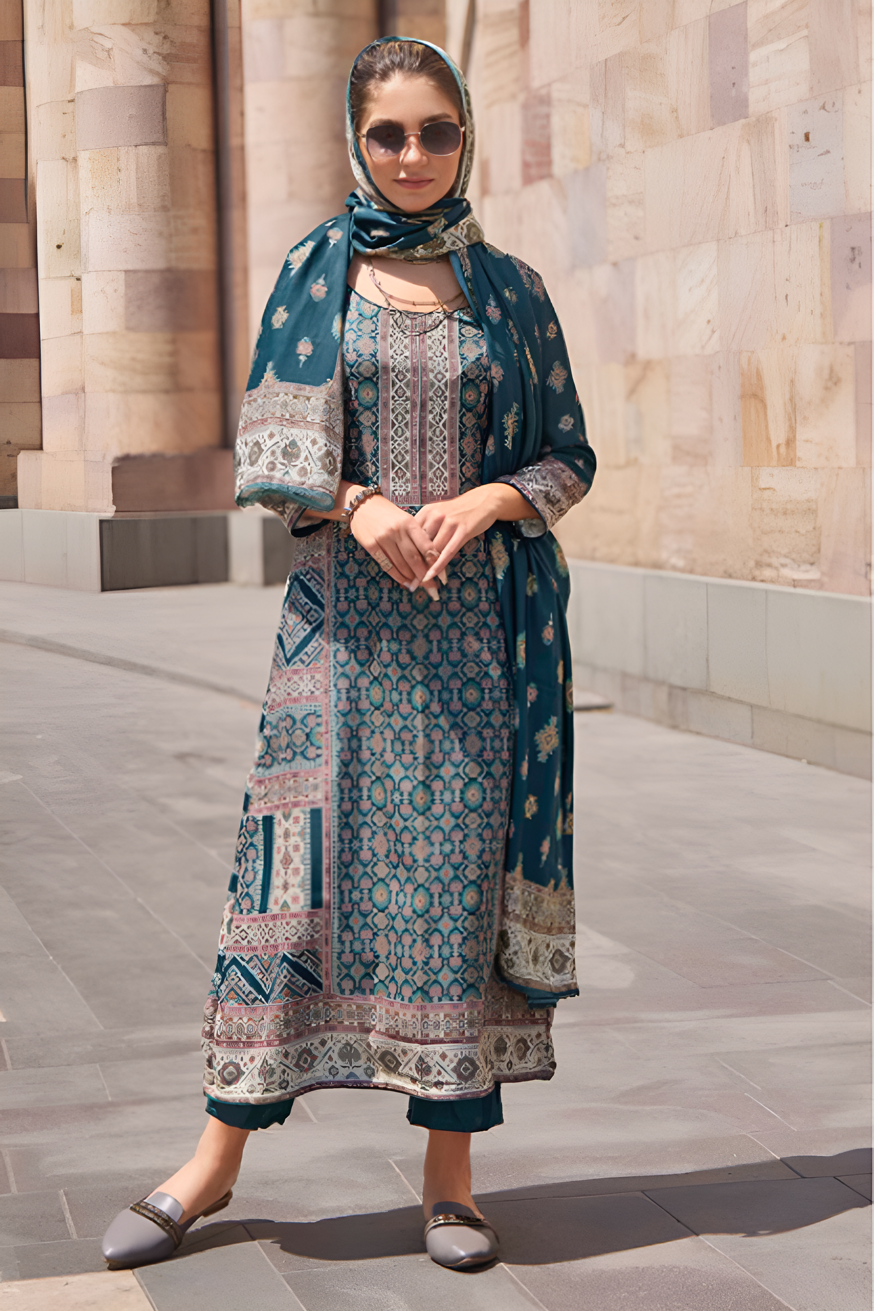 Teal Blue Color Pashmina Printed Unstitched Suit Material