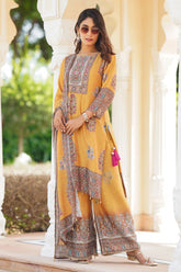 Mustard Color Crepe Neck Embroidered & Printed Suit With Palazzo